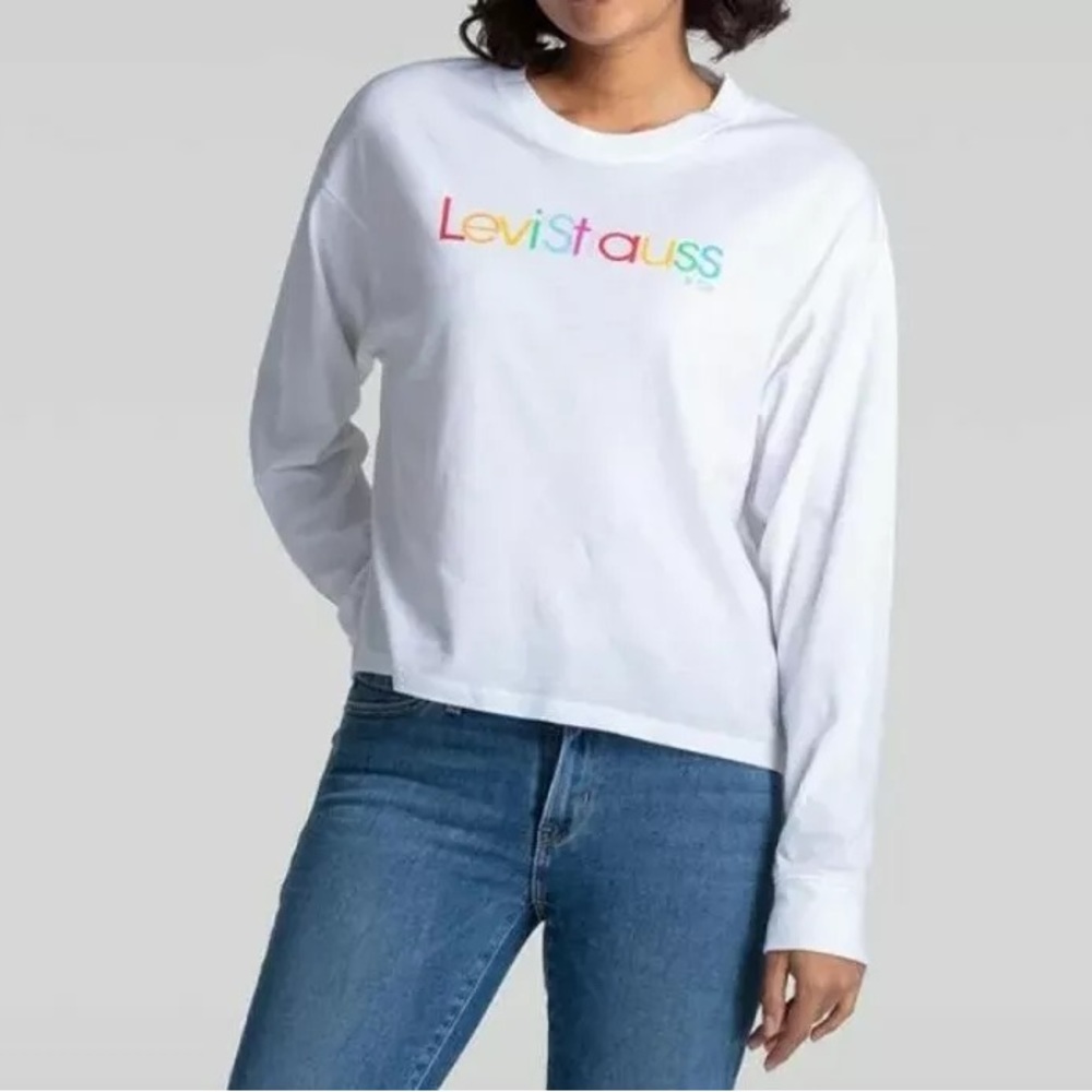 Levi’s Rainbow Logo Long Sleeve Tee White Drop Shoulder Crop Top Large NWT - Picture 9 of 14